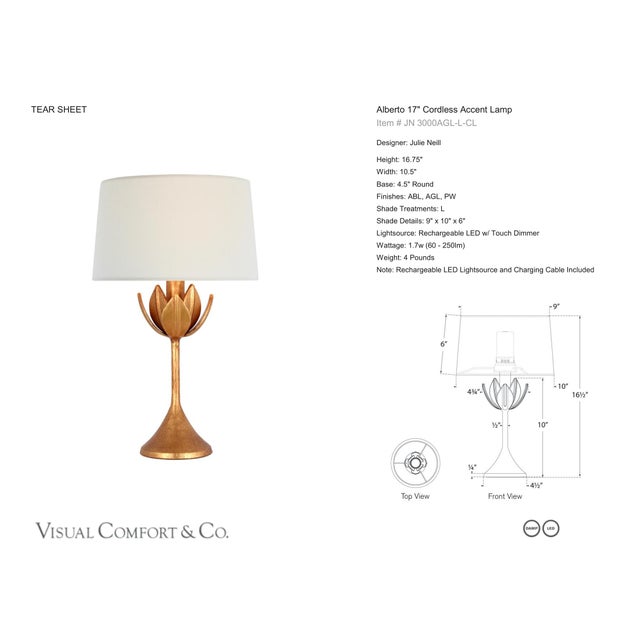 Julie Neill by Visual Comfort Signature Alberto 17" Cordless Accent Lamp in Antique Gold Leaf with Linen Shade Designer:...