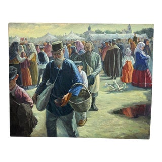 Russian Oil on Canvas Market Scene, Circa 1950's For Sale