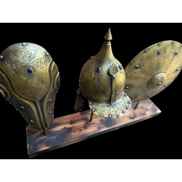 Brass Hand Engraved Turkish Brass Armor Display Set For Sale - Image 8 of 11