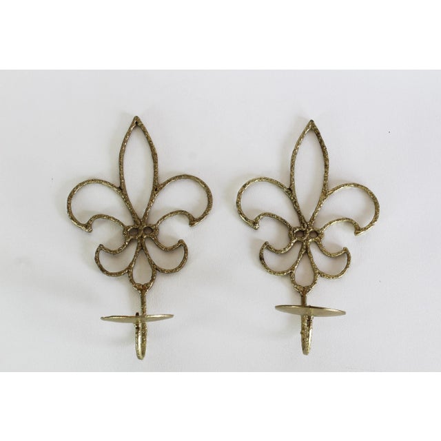 1970s Vintage Fleur De Lis Brass Sconces, a Pair For Sale - Image 5 of 5
