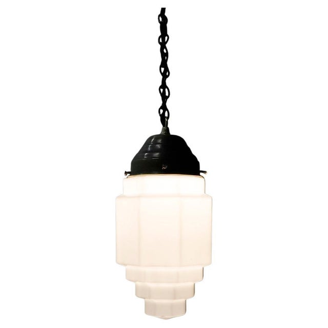 1930s Art Deco Milk Glass Skyscraper Pendant Light For Sale - Image 12 of 16
