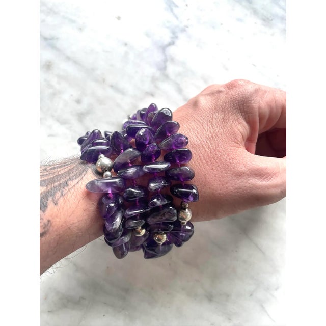 Amethyst and Sterling Silver Hand Knotted Beaded Necklace For Sale - Image 4 of 5