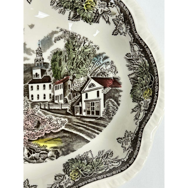 Ceramic Johnson Bros Friendly Village England Vintage Village Green 11" Scalloped Bowl For Sale - Image 7 of 7