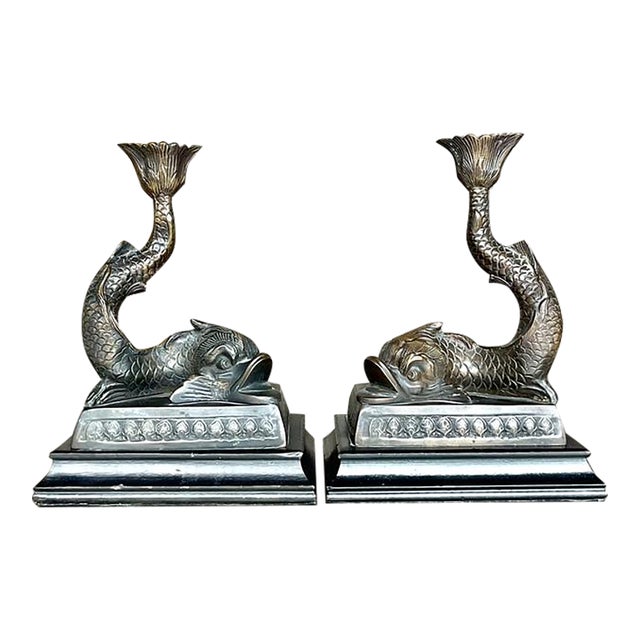 Vintage Regency Cast Dolphin Candlesticks - A Pair For Sale