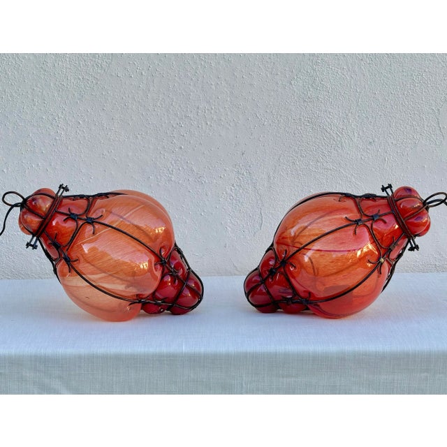 Mid-Century Modern Pair of Gorgeous Vintage Swirl Italian Murano-Style Caged Glass Lanterns in Coral/ Oranges: Caged Venetian Style For Sale - Image 3 of 10