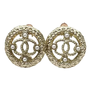 Chanel Gold CC Round Pearl Clip on Earrings - 2 Pieces