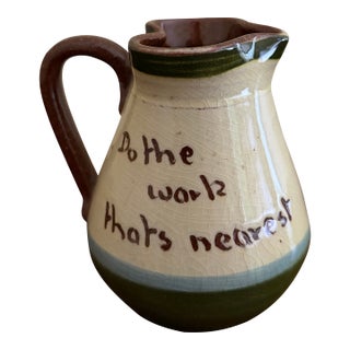 Late 19th Century English Torquay Motto Pitcher With Sailboats, Devon Earthenware Pottery For Sale
