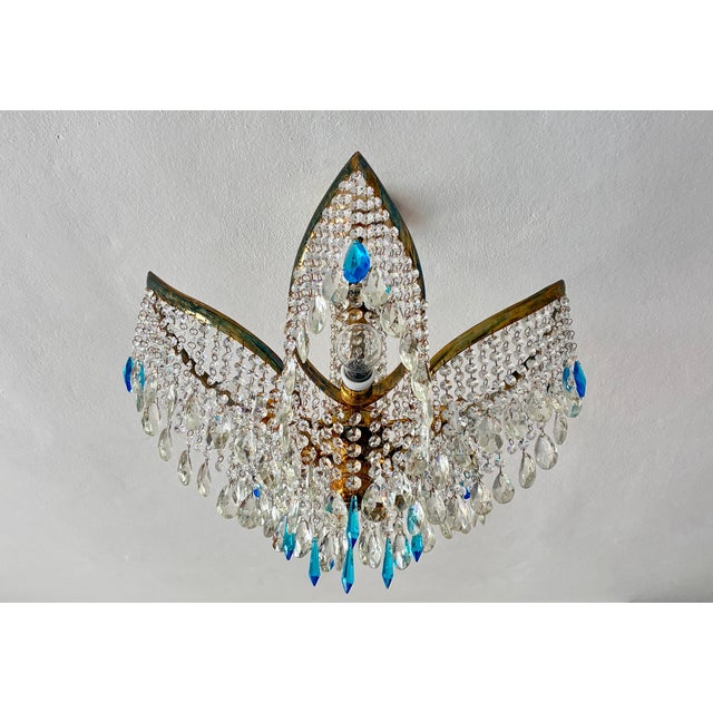 1960s Mid-Century Modern Crystal Chandelier With Aqua Blue Drops - Solid Brass Leaf Design Lighting - Rewired & Working⁠ For Sale - Image 10 of 18