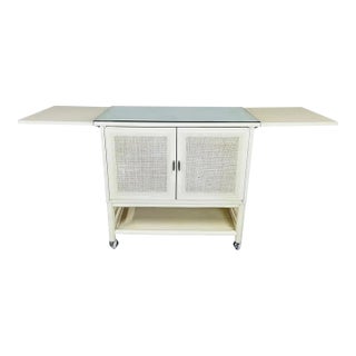 Mid-Century Drop-Leaf Buffet Server, White Lacquer, Cane Front For Sale
