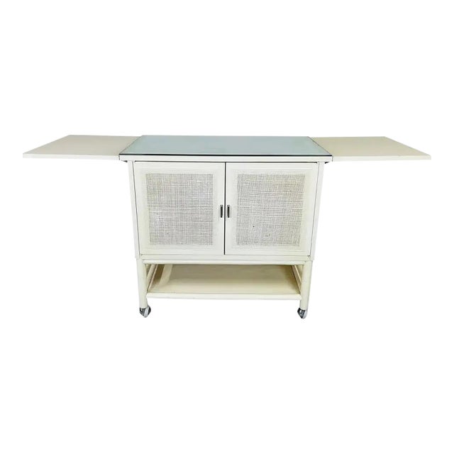 Mid-Century Drop-Leaf Buffet Server, White Lacquer, Cane Front For Sale