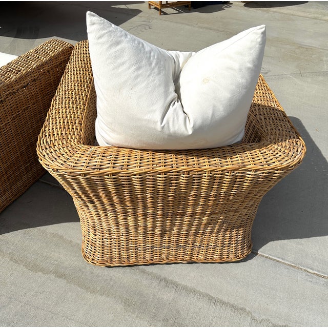 Wood Pair of Michael Taylor Style Oversized Woven Rattan Lounge Chairs For Sale - Image 7 of 12