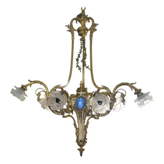 French 19th-C Bronze Chandelier With Marble Body, Wedgwood Plaque & Glass Shades For Sale