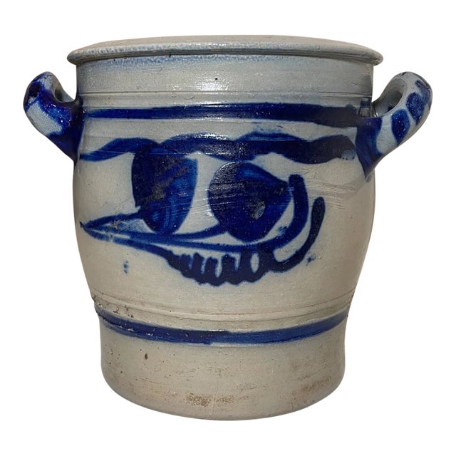 Antique 1800's Handmade Stoneware Salt Glazed Crock Pottery Jug Vase W/ Handle For Sale