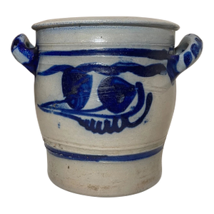 Antique 1800's Handmade Stoneware Salt Glazed Crock Pottery Jug Vase W/ Handle