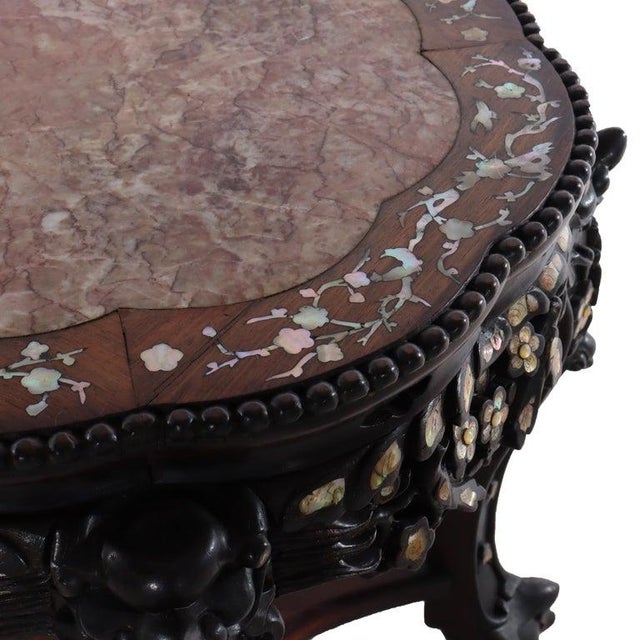 Brown 1920s Chinese Floral Carved Rosewood Rouge Marble Top Stand With Mother of Pearl Inlay For Sale - Image 8 of 12