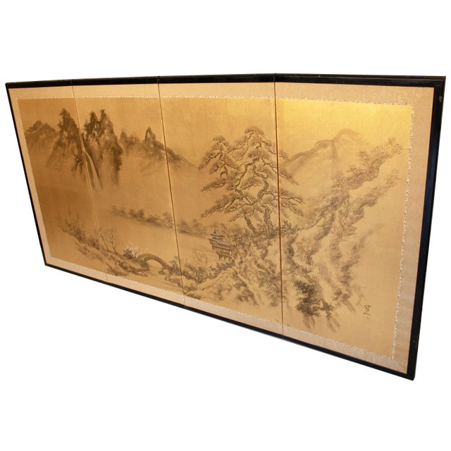 Japanese 1960s Landscape With Bridge, Showa Era Japanese Painted Byobu Screen For Sale - Image 3 of 18