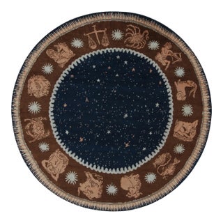 Rug & Kilim’s French Deco style Circle rug in Blue, Beige-Brown Zodiac Pictorial - 10x10 For Sale