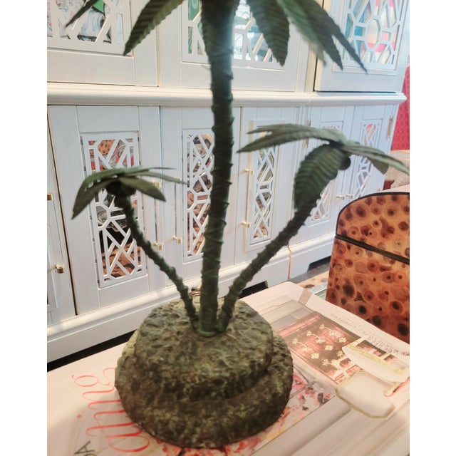 1990s Vintage Palm Tree Small Table Lamp With Custom Leopard Fringe Shade For Sale - Image 5 of 6