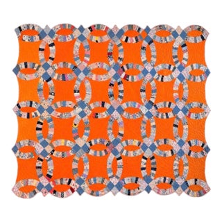 Orange Patchwork Quilt Double Wedding Ring Hand-Pieced Reverse Scalloped Edge For Sale