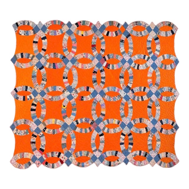 Orange Patchwork Quilt Double Wedding Ring Hand-Pieced Reverse Scalloped Edge For Sale
