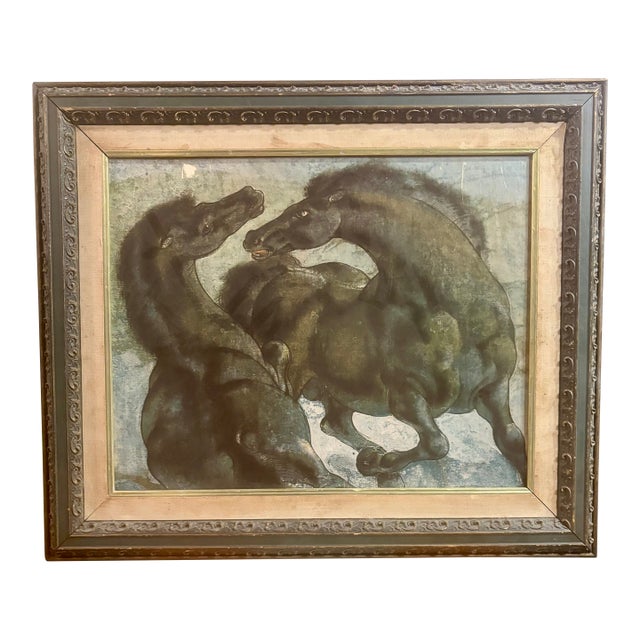 Early 20th Century Framed Print Two Horses by Swiss Artist Hans Erni For Sale