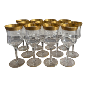 Set of 12 Art Deco Gold Encrusted Rim Crystal Wine Stems Goblets