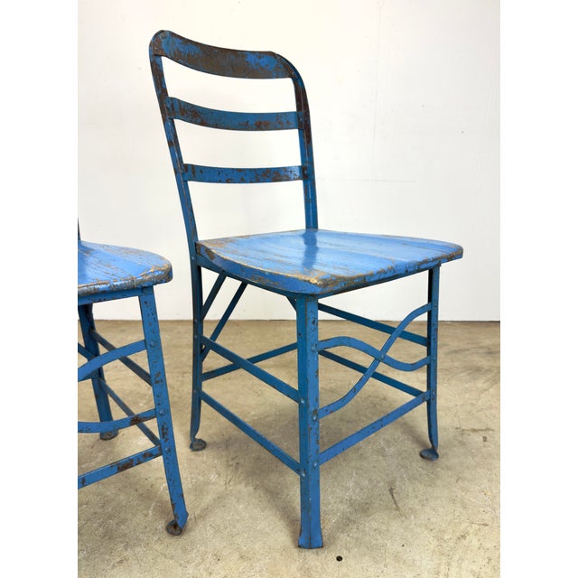 Early 20th Century Antique Industrial Steel & Oak Chairs by Angle Steel Stool Co / K M Supply Company in Vivid Blue For Sale - Image 5 of 12