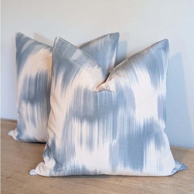 Transitional Pierre Frey Le Grandiere in Dauphin Blue Flamed Ikat 22" Pillows - a Pair For Sale - Image 3 of 5