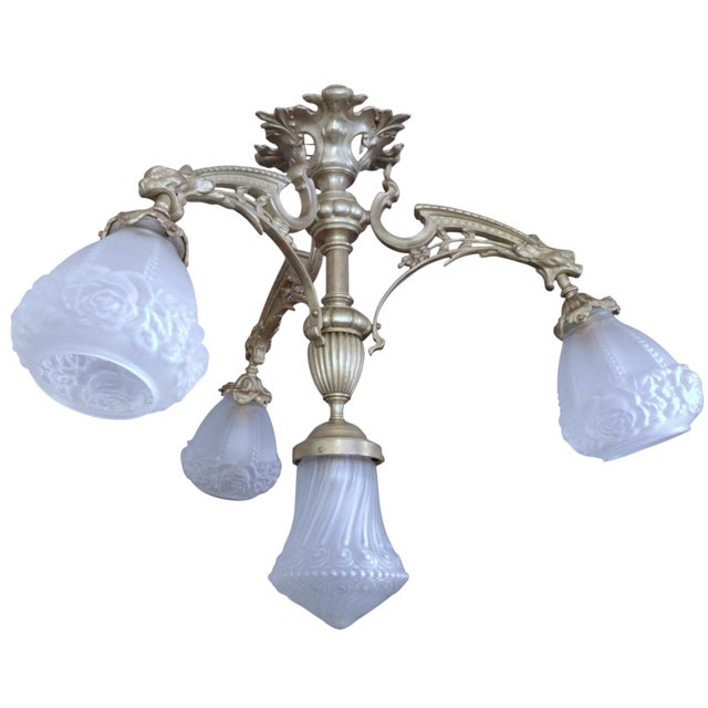 19th Century French Medieval Gothic Revival Bronze Four-Light Chandelier with Frosted Glass with Gryphons Gargoyles Dragons, 1890s For Sale - Image 13 of 13