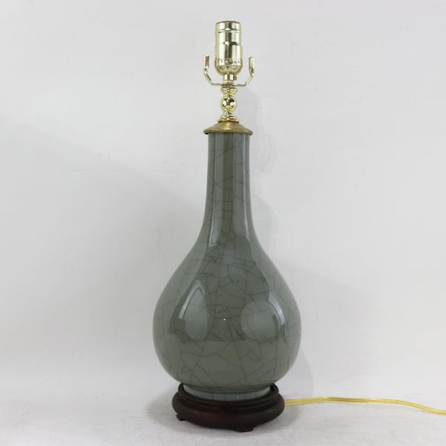 Vintage Celadon Crackle Glaze Porcelain Table Lamp Bottle Vase With Rosewood Base For Sale - Image 4 of 12