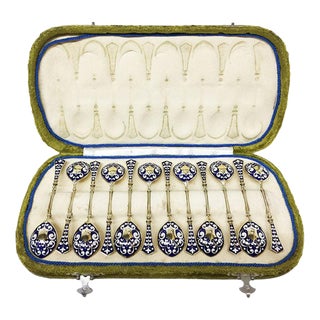 German Silver Teaspoons with Gold Plating and Enamel from Koch & Bergfeld, 1884-1893 For Sale