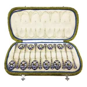 German Silver Teaspoons with Gold Plating and Enamel from Koch & Bergfeld, 1884-1893