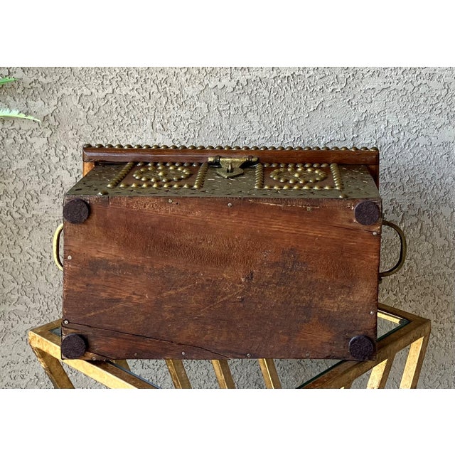 Sienna Mid 20th‑Century Spanish Colonial-Style Hand Hewn Walnut Wood & Brass Accent Box For Sale - Image 8 of 18