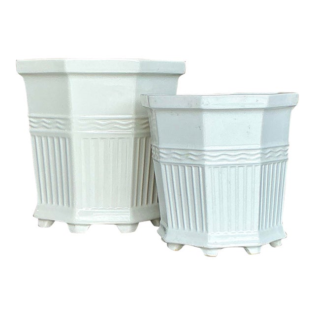 Vintage Regency Glazed Ceramic Cache Pot - Set of 2 For Sale