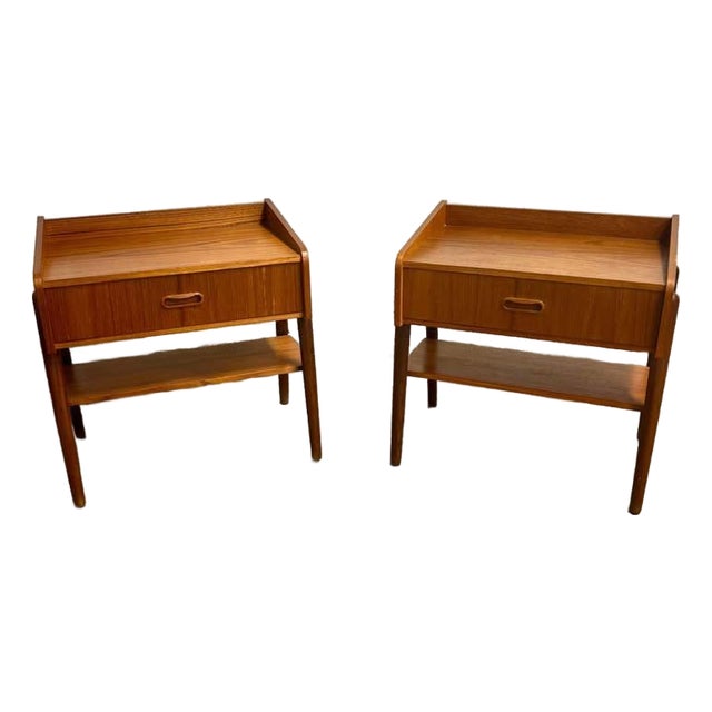 Rare Pair of Danish Mid Century Modern Teak Nightstands Bedside Tables C. 1950s For Sale