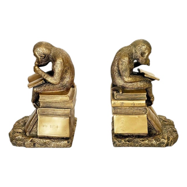 Bookends Depicting Sculptures of Monkeys in Gilded Metal, France, 1970s, Set of 2 For Sale