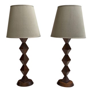 Stephen McKay Geometric Walnut Custom Table Lamps with Shades - a Pair For Sale