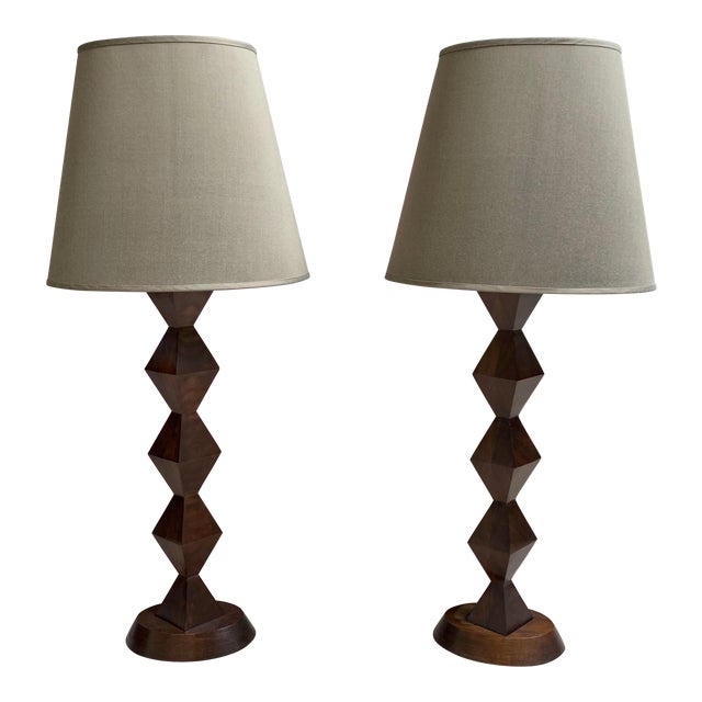 Stephen McKay Geometric Walnut Custom Table Lamps with Shades - a Pair For Sale