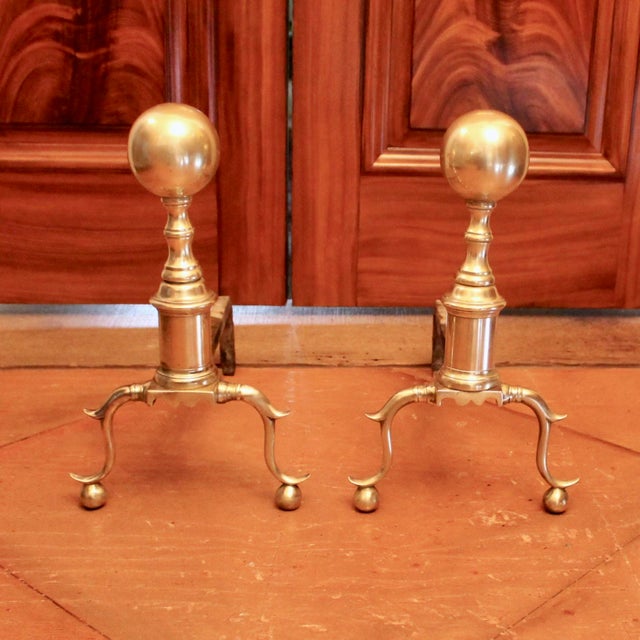 American Pair of Antique American Cannon Ball Top Brass Andirons For Sale - Image 3 of 12