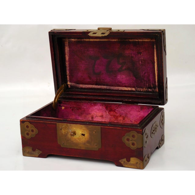 Vintage Chinese Rosewood Jewelry Box With Brass Fittings and Carved Jade Inlay For Sale - Image 4 of 7