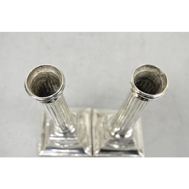 Silver Vintage English Regency Silver Plated Classical Column Small Candlesticks - Pair For Sale - Image 8 of 16