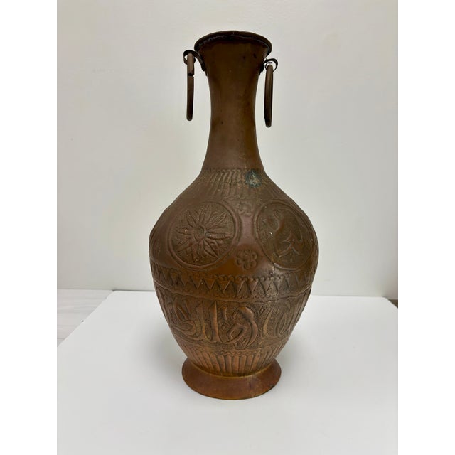 Moroccan Vintage Middle Eastern Large Copper Handmade Vessels With 2 Ring Handles - A Pair For Sale - Image 3 of 16