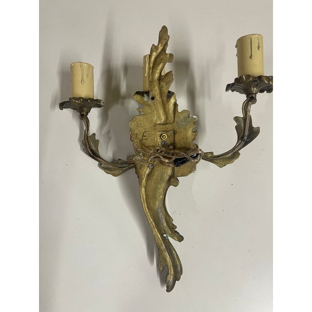 Metal Vintage Gilt Bronze Rococò Style Three-Arm Wall Sconces— Set of Eight For Sale - Image 7 of 8