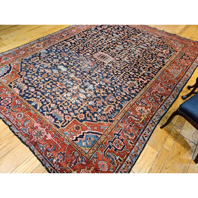 19th Century Persian Heriz Serapi Rug, Hand-Knotted Wool, Allover Geometric Pattern, Blue & Red, 8x11 For Sale In Chicago - Image 6 of 18