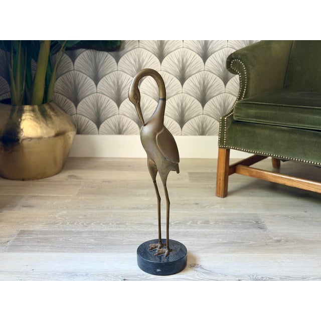 Mid-Century Modern Vintage Mid-Century Modern Hollywood Regency Bronze Brass and Marble Crane Bird Figure Statue Sculpture For Sale - Image 3 of 10