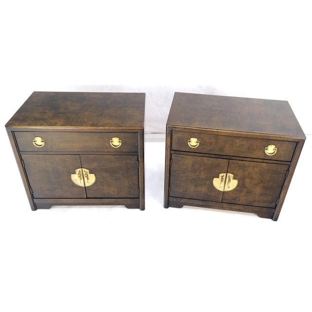 Pair Mastercraft Burl Wood Heavy Brass Hardware One Drawer Night Stands End Tables MINT!