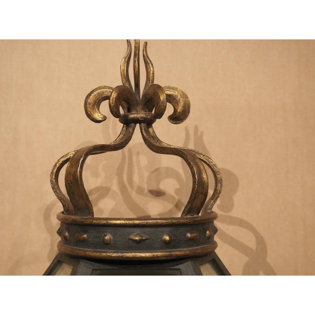 Metal Wrought Iron and Glass Wall Lantern With Crown Finial For Sale - Image 7 of 7