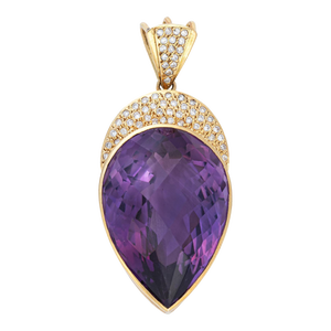 Huge 65ct Amethyst Pendant 14k Yellow Gold Diamond Pear Cut Vintage Jewelry