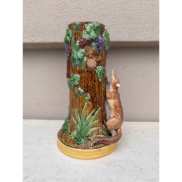 19th Century Rare Victorian Majolica Fox & Crow Trunk Vase Minton. Possibly inspired by the Aesop Fable ''The Fox and the...