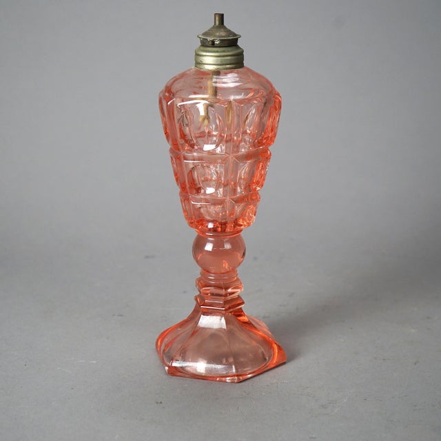 Glass Antique Pink Coinspot Pressed Glass Oil Lamp Circa 1840 For Sale - Image 7 of 10